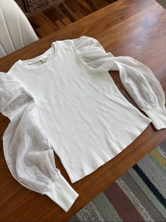 ANTHROPOLOGIE DOLAN SHEER PUFF SLEEVE BLOUSE RIB SWEATER TOP WHITE Size Large - Picture 7 of 10